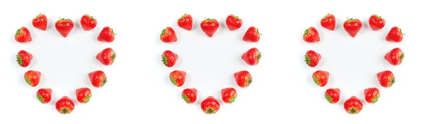 Strawberry on white background, top view. Berries pattern. Hearts frame made of fresh strawberry on white background. Valentine, romantic, creative food concept — Stock Photo, Image