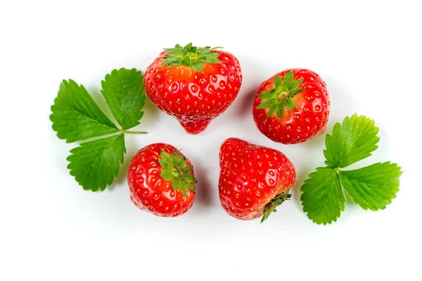 सफेद पृष्ठभूमि पर स्ट्रॉबेरी, शीर्ष दृश्य। बेरीज पृष्ठभूमि। सफेद पर अलग हरे पत्तियों के साथ ताजा स्ट्रॉबेरी — स्टॉक फ़ोटो, इमेज