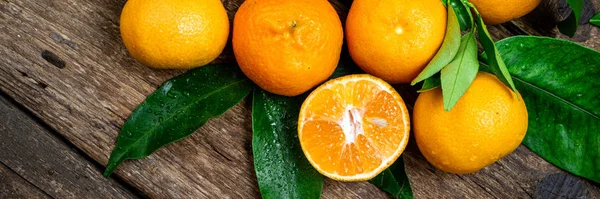 Tangerine, mandarines, clementine, orange fruits with green leaves — Stock Photo, Image