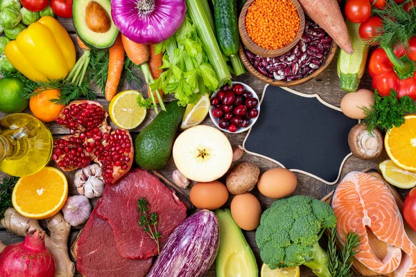 Antecedentes Alimentos Saludables Verduras Frescas Frutas Carne Pescado Mesa Alimentos —  Fotos de Stock