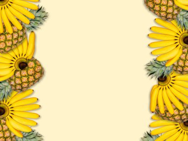 Renkli muzlar ananas desenli. Tropik soyut meyve yaz arkaplanı. Renkli arka planda birçok tropik meyve. Minimum yaz yemeği konsepti. Düz konum, üst görünüm, kopyalama alanı