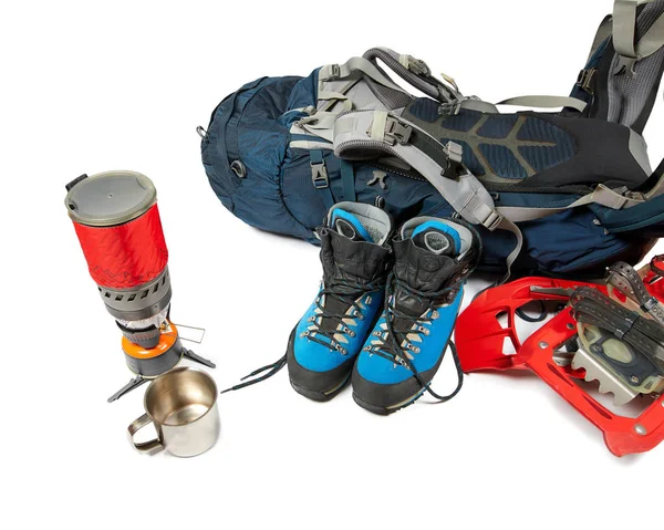 Beyaz bir arka plan üzerinde turist ekipman