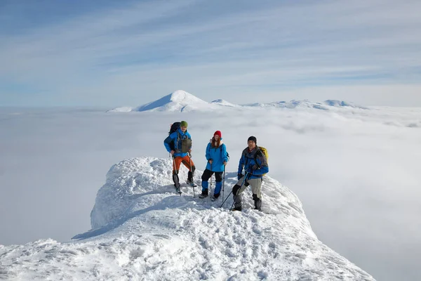 Un grupo de excursionistas se encuentra en el borde de la montaña — Foto de Stock