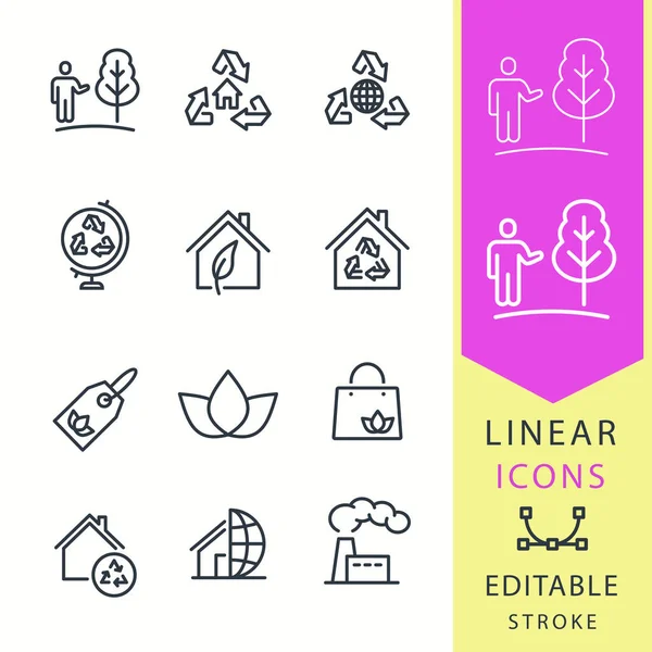 Ecology Line Vector Icon Set Editable Stroke Eco Ecological House — Stock Vector