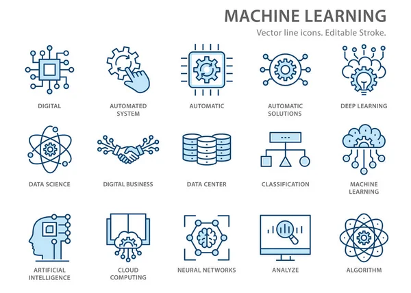 Machine learning line icons set. Vector illustration. Editable stroke. — Stock Vector