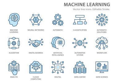 Machine learning line icons set. Vector illustration. Editable stroke. clipart