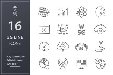 5G çizgi simgeleri ayarlandı. Siyah vektör çizimi. Düzenlenebilir vuruş.