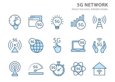 5G ağ düz çizgi simgesi seti. Vektör çizimi. Düzenlenebilir vuruş.