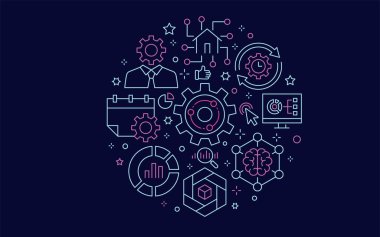 İş zekası çember şablonu çizgi simgeleriyle. Vektör illüstrasyonları.