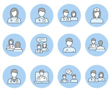 Grafik ve web tasarımı için doktor ve hemşire simgeleri.