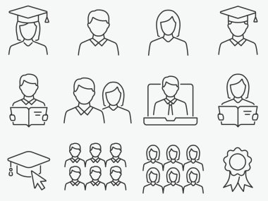 Students line icons set. Black vector illustration. Editable stroke.