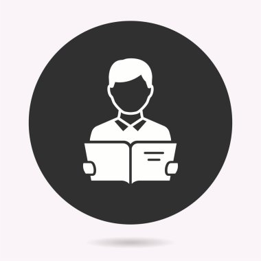 Adam kitap ikonu okuyor. Vektör illüstrasyonu izole edildi. Grafik ve web tasarımı için basit pictogram.