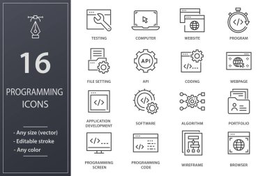 Program çizgisi simgeleri. Yazılım, kodlama, web sitesi, API ve daha fazlası. Düzenlenebilir vuruş.