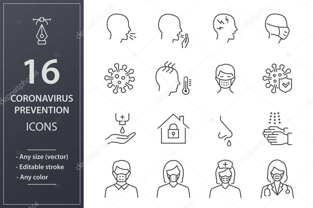 Coronavirus icons, such as symptoms, bacteria, cough, infection and more. Editable stroke.