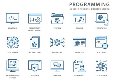 Programming icons, such as develop, software, coding, algorithm and more. Vector illustration isolated on white. Editable stroke. clipart svg vector 