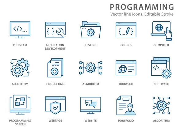 Geliştirme, yazılım, kodlama, algoritma ve daha fazlası gibi programlama simgeleri. Vektör illüstrasyonu beyaza izole edildi. Düzenlenebilir vuruş.
