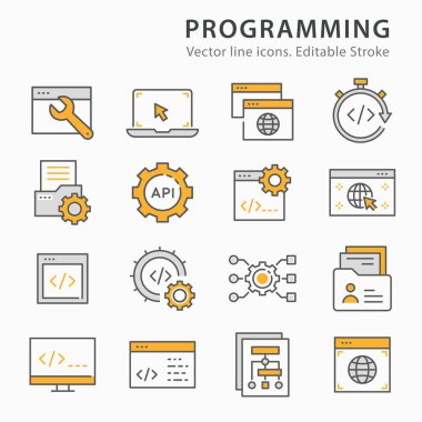 Programming icons, such as software, coding, browser, algorithm and more. Vector illustration isolated on white. Editable stroke. clipart svg vector 