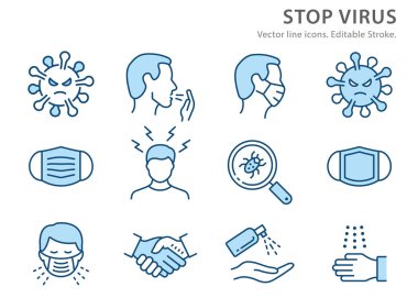 Coronavirus ikonları, semptomlar, bakteriler, öksürük, sağlık ve daha fazlası gibi. Vektör illüstrasyonu beyaza izole edildi. Düzenlenebilir vuruş.