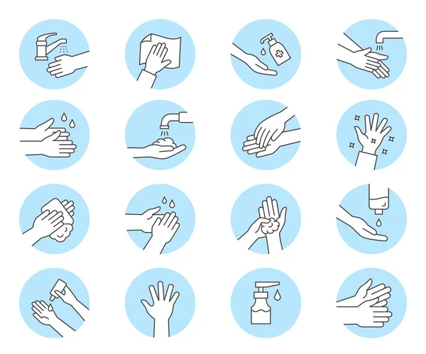 Πλένει Χέρια Εικονίδια Όπως Καθαρά Σκουπίστε Παλάμη Και Πολλά Άλλα — Διανυσματικό Αρχείο