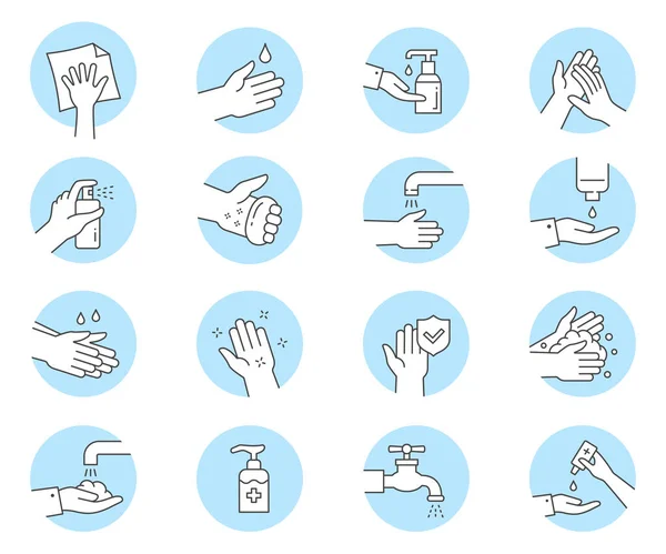 Hand Wassen Pictogrammen Zoals Schoon Veeg Palm Meer Vector Illustratie — Stockvector