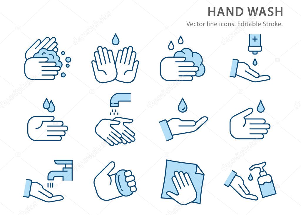 Hygiene icons, such as clean, wipe, palm, protection and more. Vector illustration isolated on white. Editable stroke.