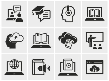 Çevrimiçi eğitim ikonları. Eğitim seti, webinar, mesafe, öğrenci, eğitim ve daha fazlası. Grafik ve web tasarımı için izole edilmiş vektör illüstrasyonu