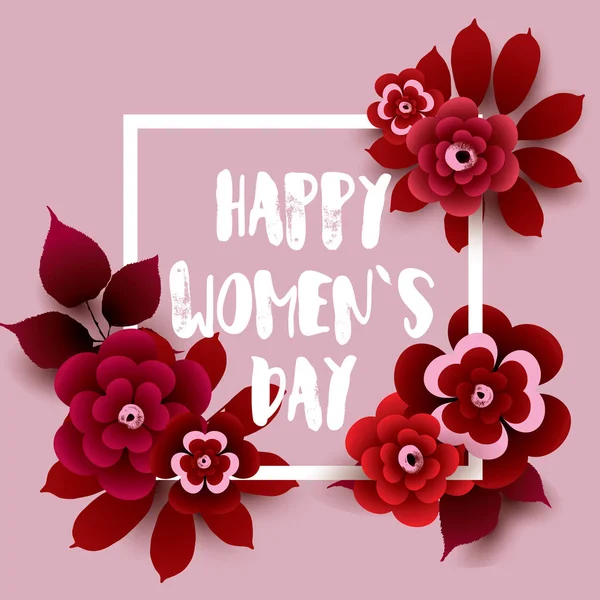 8. März. Glückliche Frauentagskarte mit Blumen und Rahmen. — Stockvektor