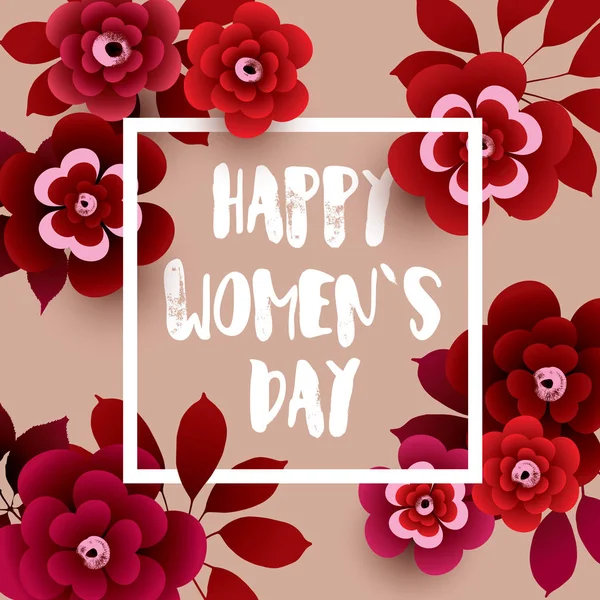 Glückliche Frauentagskarte mit Blumen und Rahmen auf beigem Hintergrund. — Stockvektor