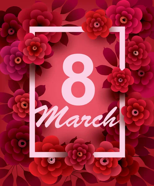 8 de marzo. Tarjeta del Día de la Mujer Feliz con flores y marco — Archivo Imágenes Vectoriales