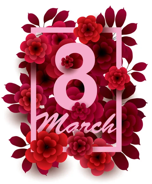 8. März. Glückliche Frauentagskarte mit Blumen und Rahmen. — Stockvektor