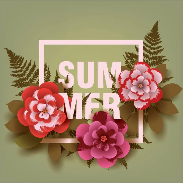 Sommer. Illustration mit Blumen und Blättern im Rahmen. — Stockvektor