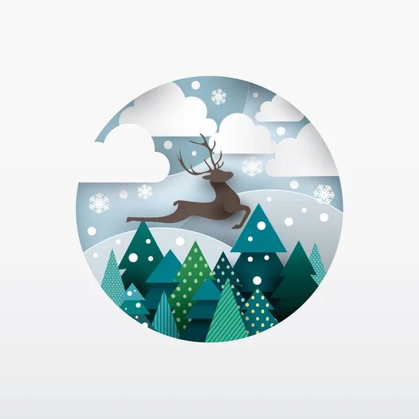 Illustration Deer Winter Landscape Paper Cut Style — Stock Vector