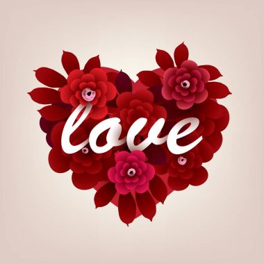Buket çiçek aşk yazıt ile bir kalp şeklinde. Vektör çizim kırmızı tonları içinde