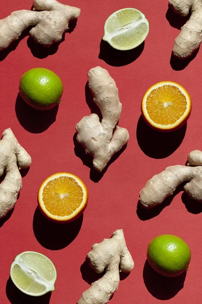ジンジャーオレンジライム赤の背景 抗酸化食品 — ストック写真
