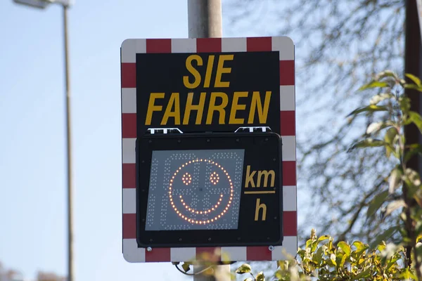 Digital speed limit sign in germany shows car driver speed measurement. (Translation \