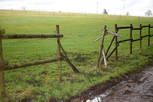 Abgebrochener Zaun Tiere Laufen Bei Gewitter Durch Koppel Davon — Stockfoto