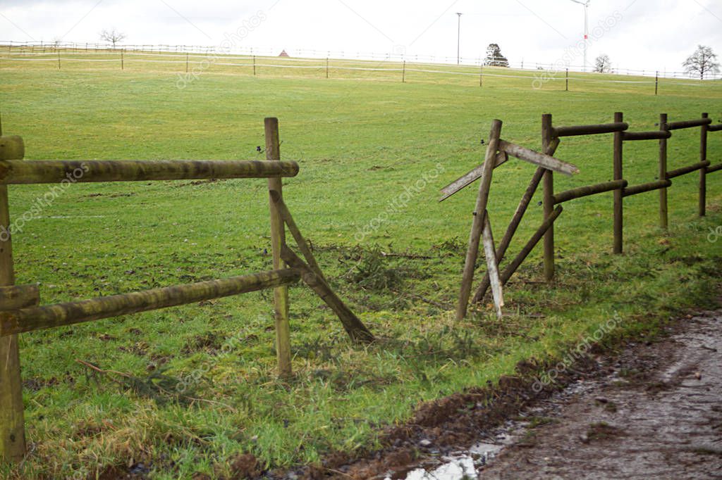 broken fence, animals run away through paddock in thunderstorm