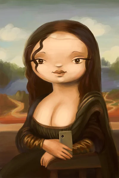 "Mona Lisa teszi selfie "rajzfilm Stock Kép