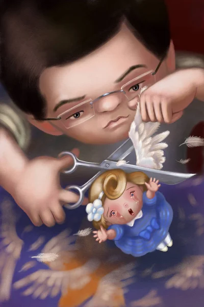 Мальчик в очках режет девочке крылья ножницами Стоковое Фото
