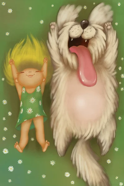 Rubia chica feliz con su gran perro peludo acostado en el césped alrededor whi — Foto de Stock