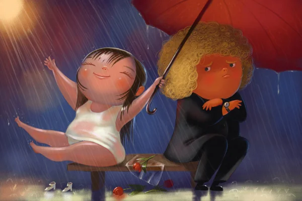 Glückliche Frau schützt traurigen Mann mit rotem Regenschirm vor dem Regen lizenzfreie Stockbilder