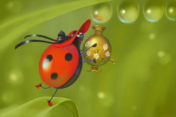 Kumbang mengenakan topi merah menuangkan air ke samovar Stok Foto