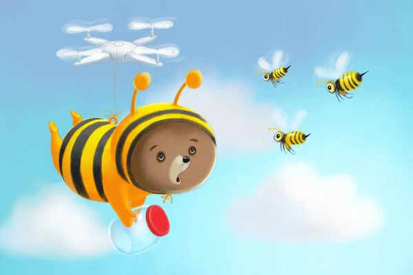 Dibujo del oso de peluche volando con dron frente a las abejas Imagen De Stock