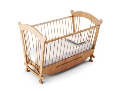 Beyaz arka plan üzerinde izole ahşap karyolası yatak. 3D render