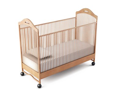 Beyaz arka plan üzerinde izole ahşap beşik bebek. 3D render