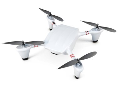 Beyaz arka plan üzerinde Quadrocopter üstten görünüm. 3D render