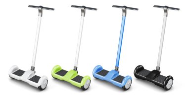 Beyaz arka plan üzerinde saplı segway kümesi. 3D render
