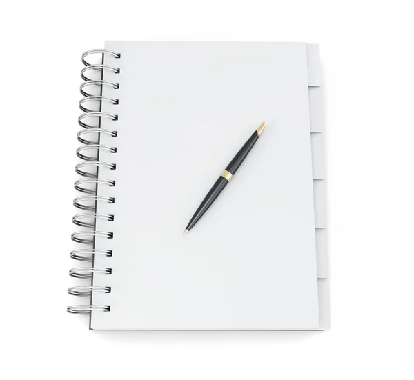 Cuaderno y pluma en blanco aislados sobre fondo blanco. 3d renderina —  Fotos de Stock