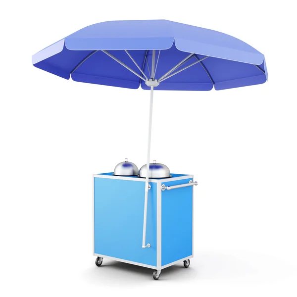 Carrello mobile blu con ombrello isolato. rendering 3d — Foto Stock