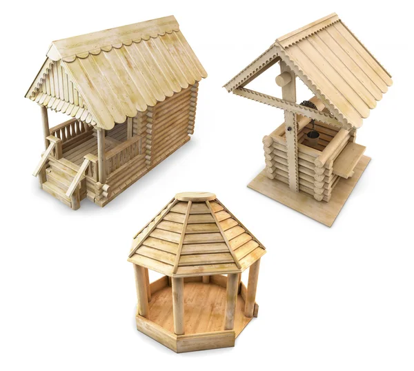 Дерев'яний будинок, альтанка і добре ізольовані. 3D візуалізація — стокове фото